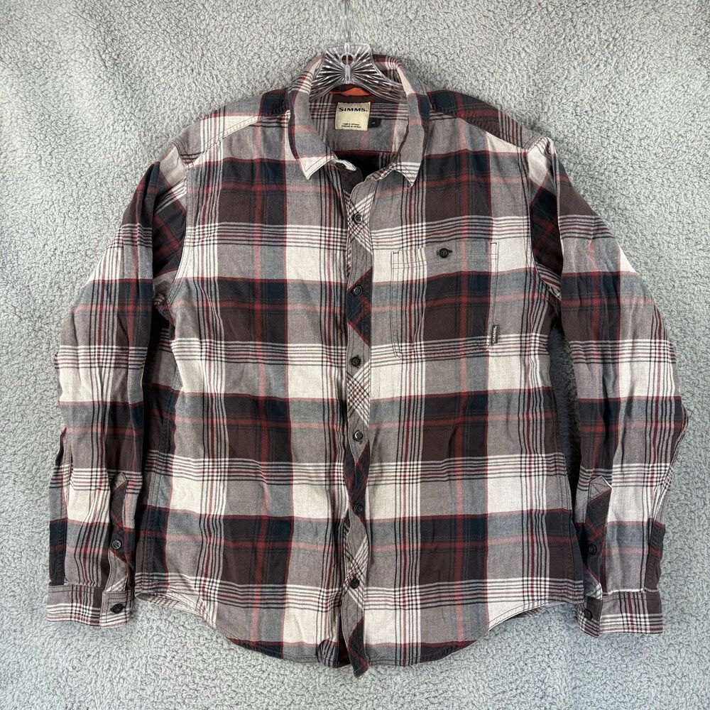 Simms Flannel Shirt Men Large L Red Plaid Fishing Outdoor Camping Light Cotton